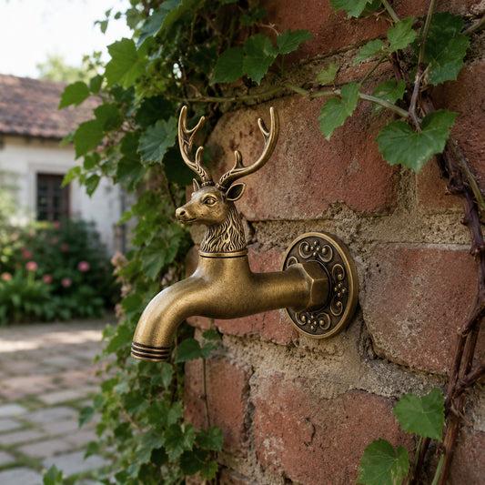 Antique brass deer head faucet installed as decorative garden tap