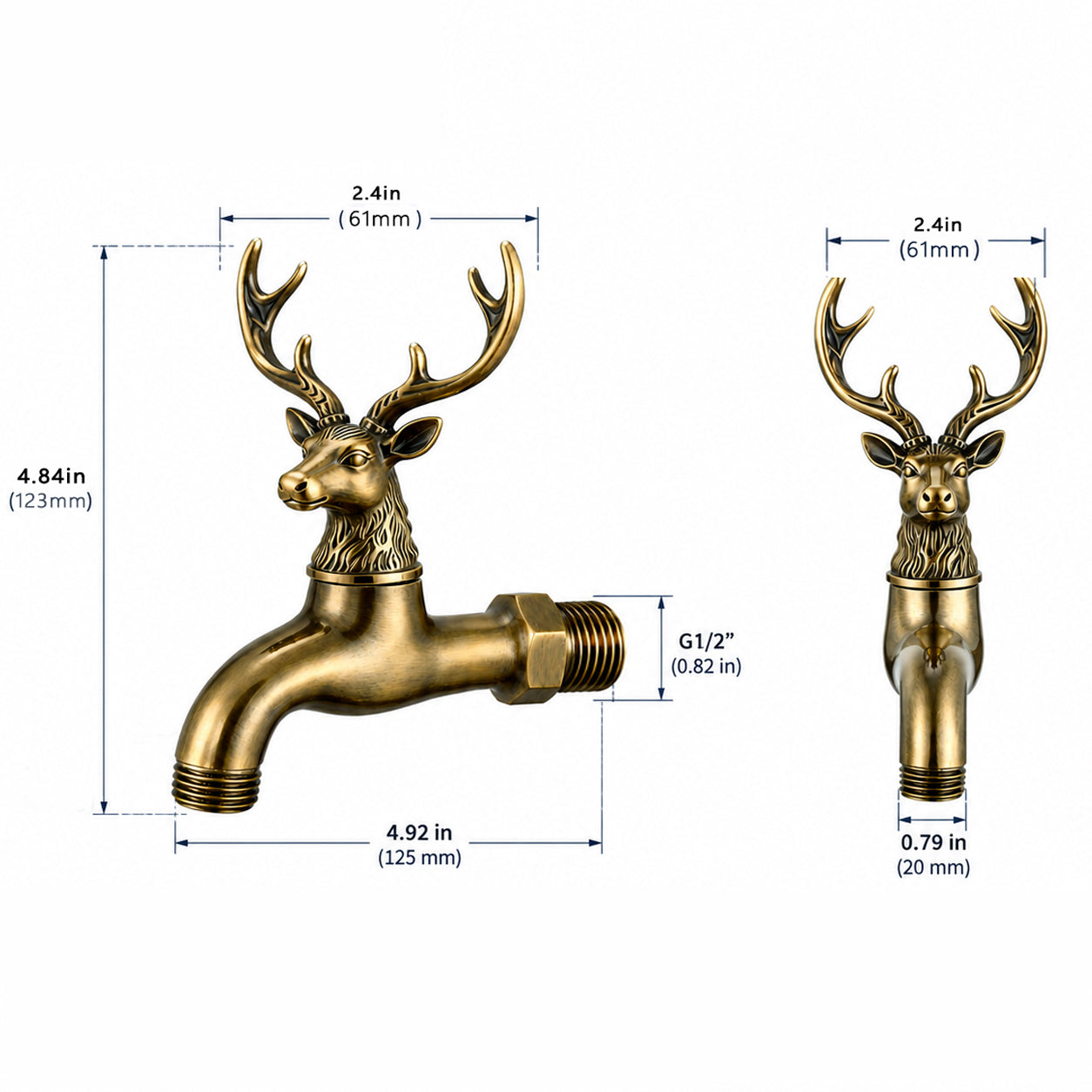Wall mounted deer head garden faucet with rustic brass finish