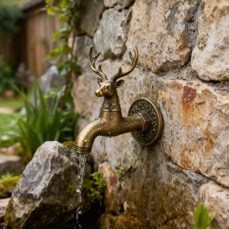 Side view of vintage deer head outdoor water faucet with brass finish