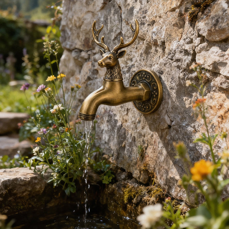 Deer head brass outdoor faucet installed as a decorative garden wall spigot