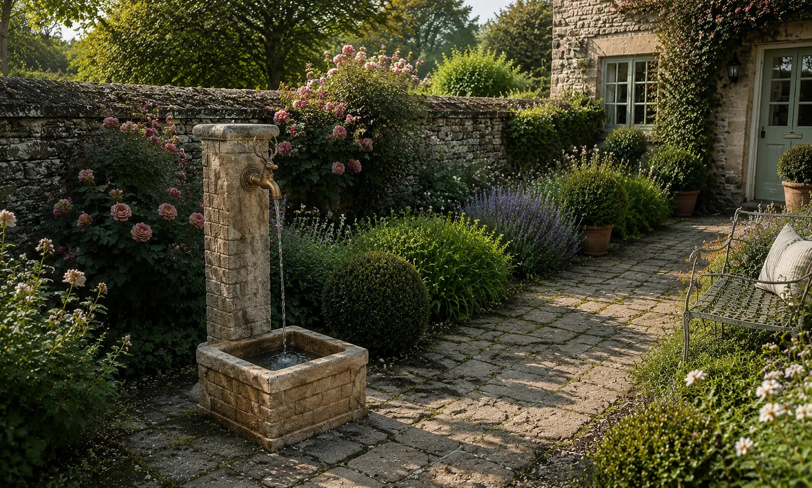 Garden fountain and decorative faucet inspiration in a landscaped courtyard
