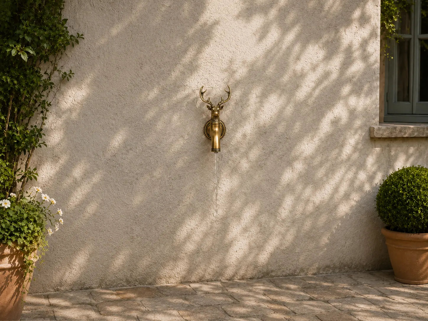 Decorative deer head garden faucet installed on an outdoor wall